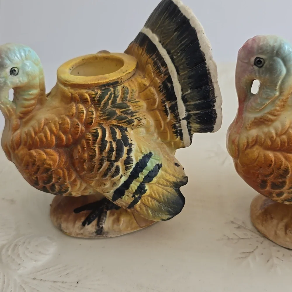 Vintage Napcoware Set Of 2 Turkey Handpainted  Ceramic Candleholders